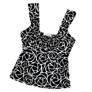 WHBM Black & White Sleeveless Silky Rosette Patterned Top Empire Waist Size XS